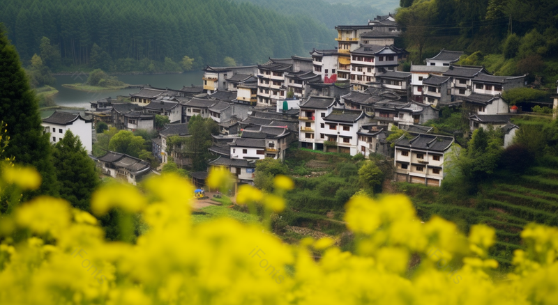 从油菜花田拍摄依山而建的村庄房屋瓦房,高清,摄影图,摄影图片,图片大全,摄影图免费下载